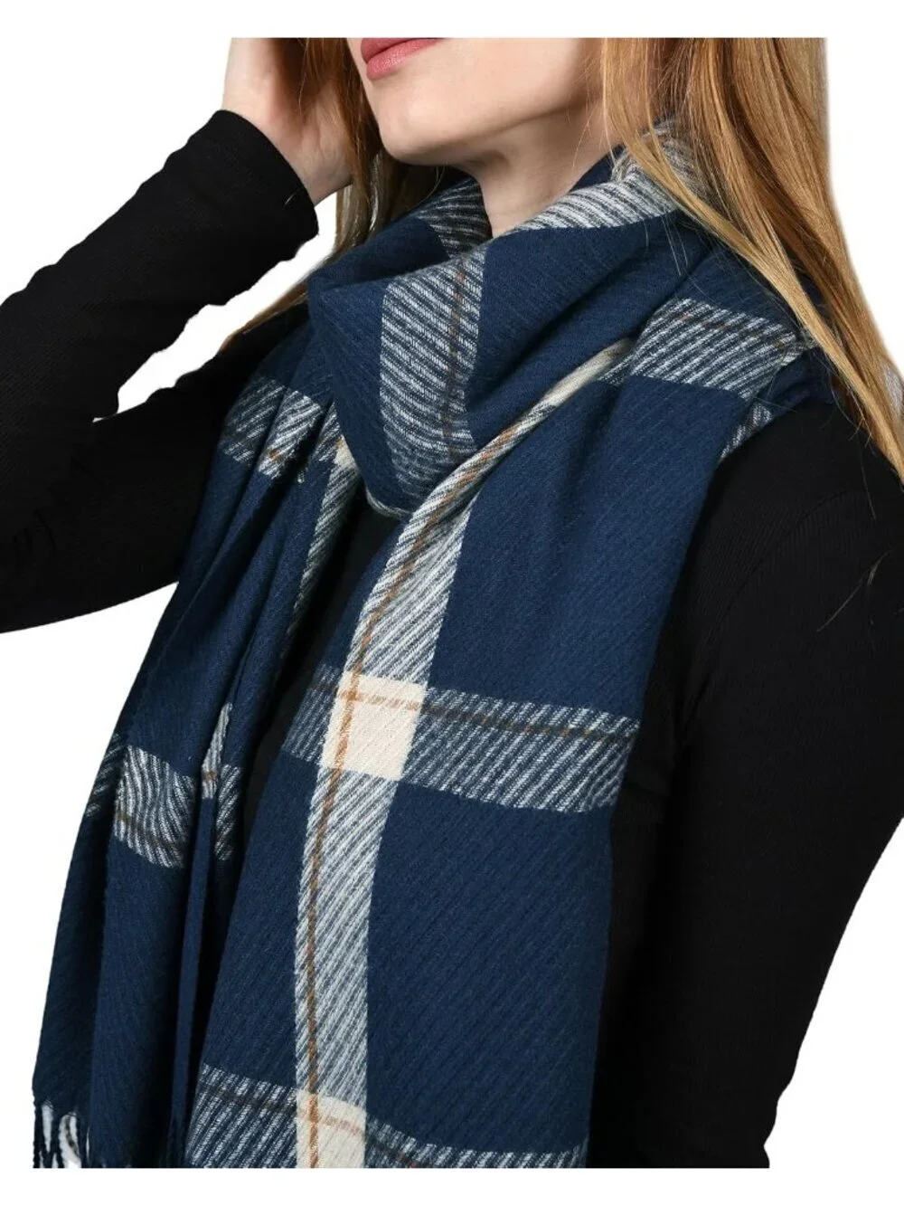 Women's Navy Shawl Soft Tassel Plaid Large Scarves Wraps Neck Scarves